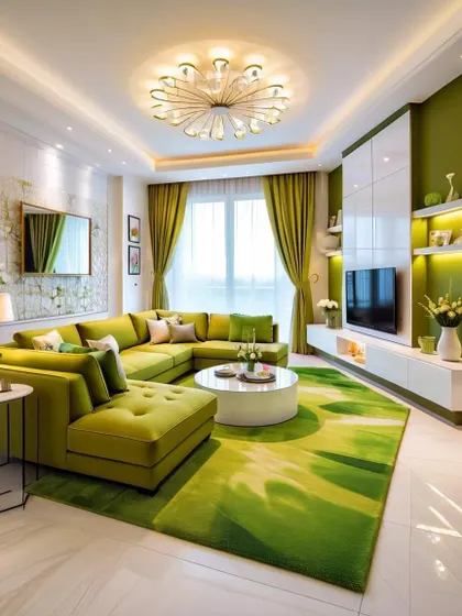 A modern living room featuring a large, comfortable green sectional sofa and a sleek white media unit with integrated shelving and lighting.