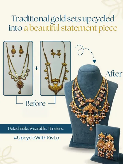 We combined two traditional gold chandan haars into one beautiful, detachable statement piece. This allows the client to wear it in multiple ways, making it both grand and versatile.