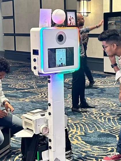 A look at my sleek, modern photo booth kiosk at a sangeet. It has a small footprint, making it easy to fit into any event space.