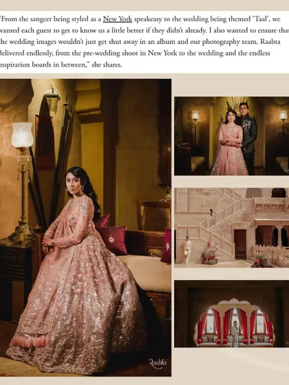A testimonial from the bride featured in Vogue, praising our team for delivering endlessly on their vision, from the pre-wedding shoot to the final album.
