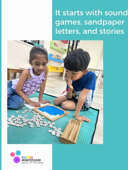 The journey to literacy starts with sound games and tactile sandpaper letters. Here, children collaborate on a language game, learning from each other.