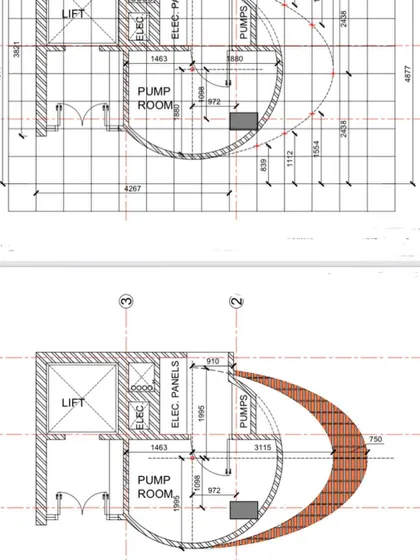 The technical drawing and the on-site layout for the elliptical brick filler slab at the Waterfall house. This shows the direct translation from a 2D plan to a 3D construction reality.