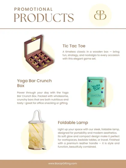 Promotional products of your choice. This sheet highlights a few unique items like a wooden tic-tac-toe set, a Yoga Bar crunch box, and a sleek foldable lamp.