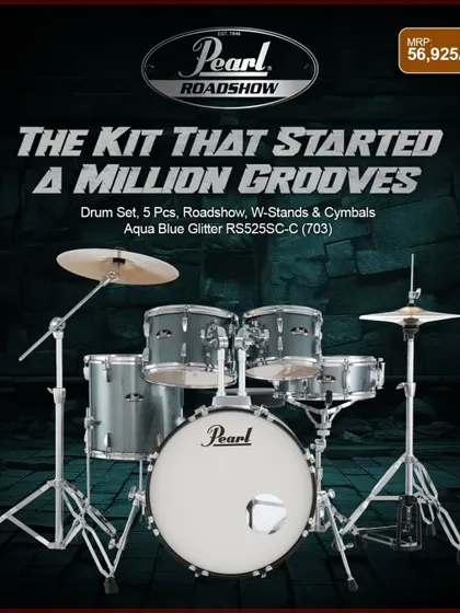The Pearl Roadshow kit in Aqua Blue Glitter. This finish adds a touch of personality to a reliable and great-sounding beginner drum set.