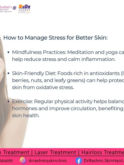 Stress directly impacts your skin. This graphic offers tips on how to manage stress for better skin, including mindfulness, a skin-friendly diet rich in antioxidants, and regular exercise to improve circulation.