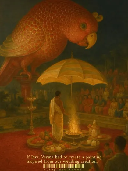 A painting inspired by our work, imagining how the artist Ravi Verma might have captured the essence of our grand, jewel-toned parrot mandap.