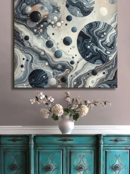 A series from our Zen Art collection, featuring abstract fluid designs that evoke a sense of cosmic flow and balance. These customizable paintings are perfect for creating a peaceful and modern aesthetic in any room.