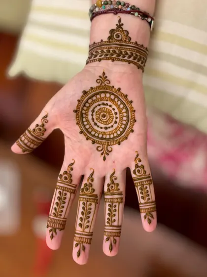 A classic mandala design on the palm, a great choice for a simple yet traditional look.
