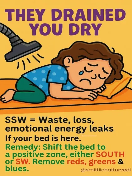The South-South-West (SSW) is a zone of waste and emotional leaks. If your bed is here, it can drain your energy. The remedy is to shift the bed and remove anti-colors like red, green, and blue.