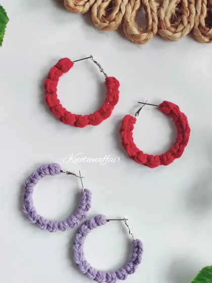More colorful macrame hoop earrings in red and lavender. These can be customized in any color and size to match your style.