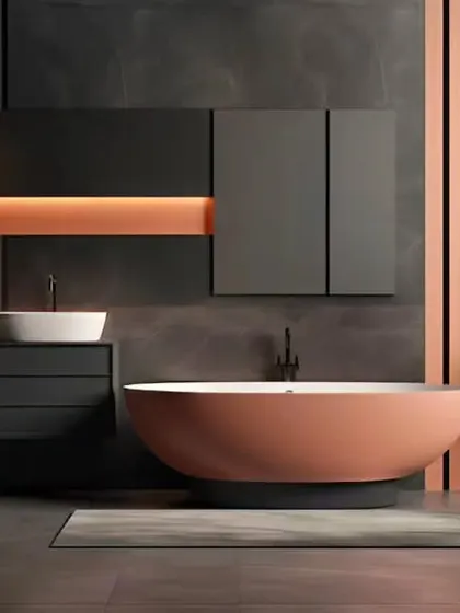 A bold bathroom concept featuring a terracotta-colored freestanding tub as the centerpiece. The dark cabinetry and fluted wall panels add texture and depth to the design.
