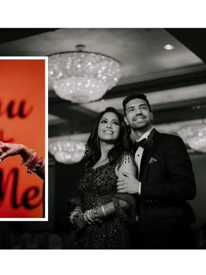 A classic black and white reception portrait of Tanmay and Likhita.
