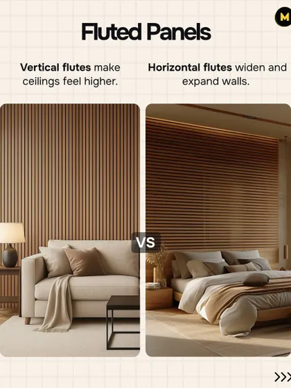 The direction of fluted panels can change the feel of a room. Vertical flutes make ceilings feel higher, while horizontal flutes can make a wall feel wider and more expansive.