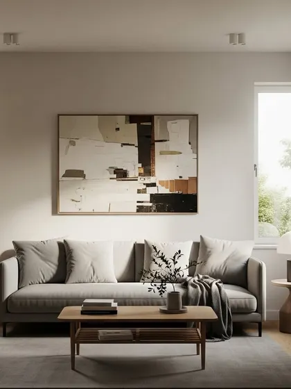 A calm and minimalist living room setup with a comfortable grey sofa, wooden coffee table, and abstract art. The focus is on clean lines, natural light, and a neutral color palette to create a relaxing environment.