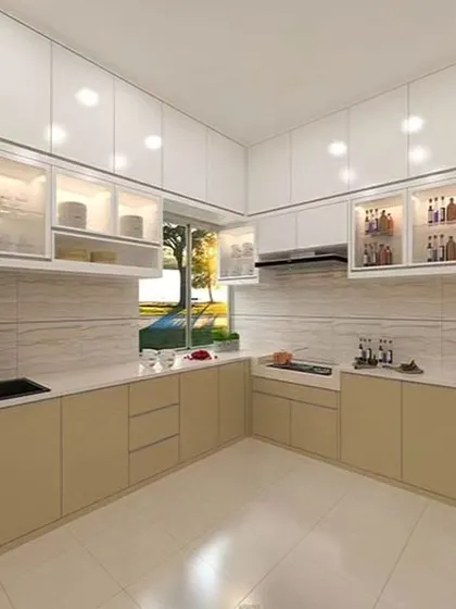 This spacious U-shaped kitchen features beige cabinets and a white marble-style backsplash. We included glass-front upper cabinets with internal lighting to display glassware.