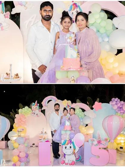 A collage showing the family and the full setup of the pastel unicorn-themed party.
