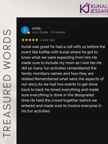 This review is incredibly special. The bride mentioned how I made sure to include her late mother's memory in the event. It's these personal touches that fuel my passion.
