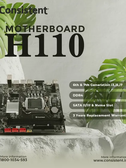 Our H110 motherboard, presented in a clean, natural setting, supports 6th and 7th generation Intel processors. It comes equipped with DDR4 memory support and an NVMe slot, all protected by a 3-year replacement warranty.