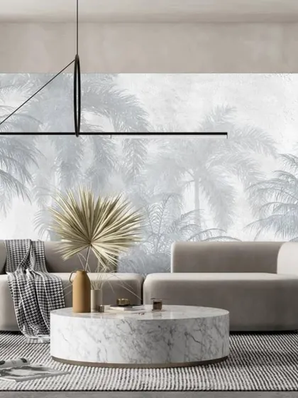 A serene and misty palm tree mural in soft shades of gray and blue. This design creates a peaceful, foggy morning atmosphere, ideal for a relaxing living space or bedroom.