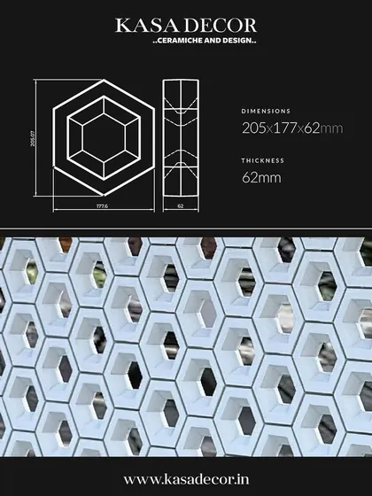 A technical drawing and image of our hexagonal 'Osmosis' tile. These customizable color tiles can be used to create stunning and functional partition walls.