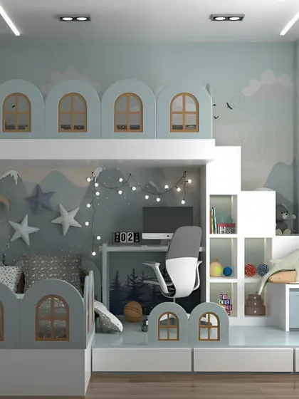 A magical, castle-themed bed setup for two. The design includes a desk, storage stairs, and plenty of shelving, all within a cohesive and imaginative theme.