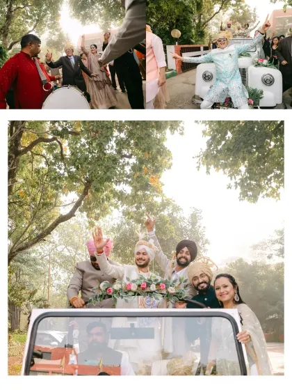 A collage capturing the energy and excitement of the Baraat. The groom's procession in a vintage car, surrounded by dancing family and friends, is a vibrant celebration of culture.