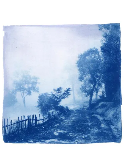 An example of the beautiful, atmospheric art you can create in our cyanotype workshops. This piece, a misty path through the trees, shows the rich tonal range and poetic quality of sun printing, an alternative photography process we love to teach.