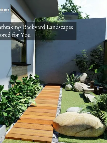 A breathtaking backyard landscape tailored for you. This design concept shows a narrow backyard transformed into a zen garden with a wooden walkway, large stones, and lush greenery.
