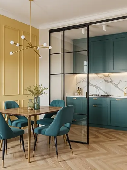 A dining room concept where teal and butter yellow create a space that is warm, inviting, and full of character. The glass partition offers a peek into a stylish kitchen.