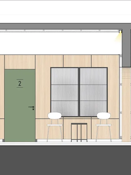 A sectional elevation of the waiting area. This illustration was a key part of our design process, helping us plan the spatial arrangement, lighting, and wayfinding elements.