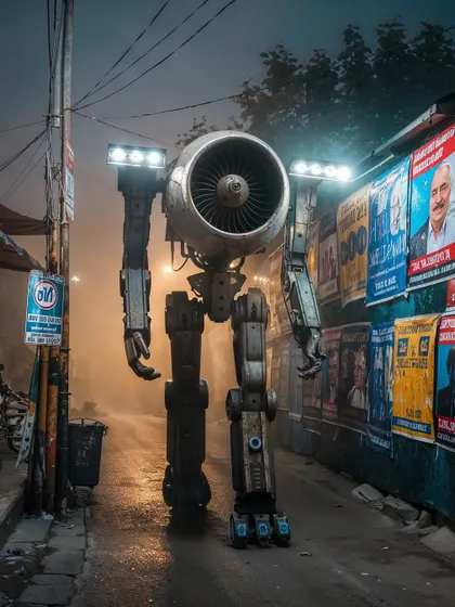 A 'Smogsucker' patrols a foggy alley lined with political posters. The juxtaposition of advanced robotics and the messy political landscape is a key theme in my work.