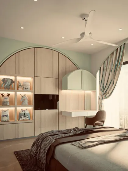 This kids' bedroom design uses a soft pastel green and natural wood palette. The arched wardrobe and built-in shelves with cute animal-themed storage boxes make organization fun and stylish.