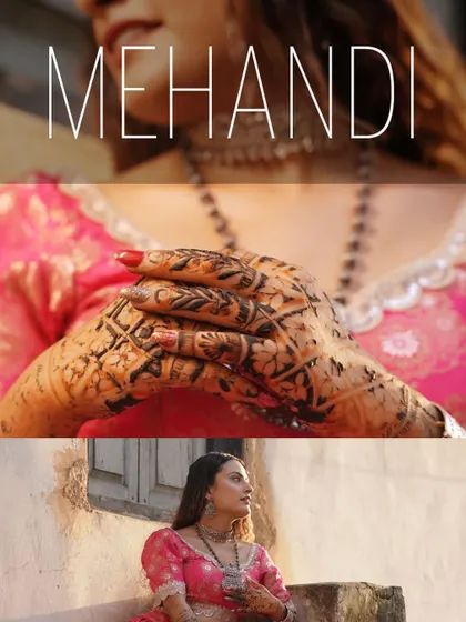 A collage focusing on the word "Mehandi" and the intricate details of the bride's henna and her rustic-themed portraits.