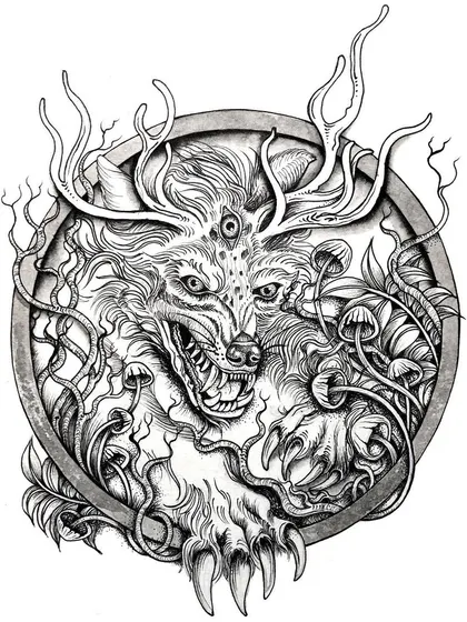 This is 'Fenrus', my interpretation of the mythical wolf. It's a depiction of raw, untamed energy, with three eyes, antlers, and a ferocious expression, all captured in detailed line art.