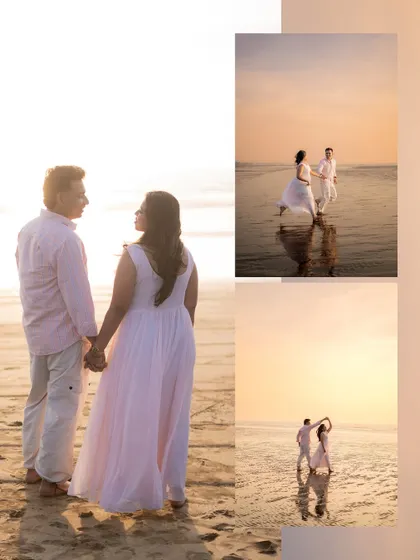 A collage from a beautiful beach pre-wedding shoot, showcasing different moments against the golden sunset. It highlights the variety of shots we can capture in a single session, from holding hands to dancing in the surf.
