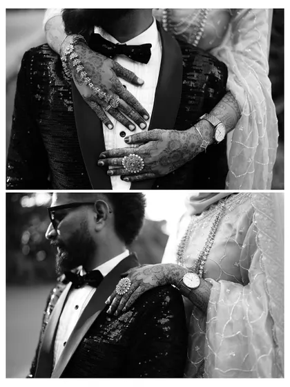 A black and white collage focusing on the details of connection: the bride's henna-adorned hands on the groom's tuxedo.