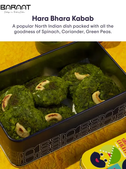 Our Hara Bhara Kebab is a popular North Indian dish packed with the goodness of spinach, coriander, and green peas, and garnished with a cashew.