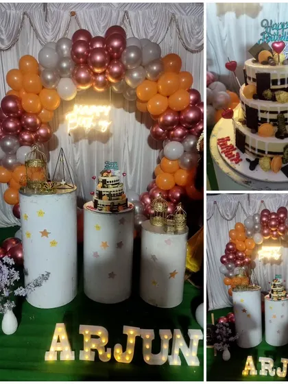A collage showing a birthday setup with a cake, demonstrating how our decorations create the perfect backdrop for cake cutting.