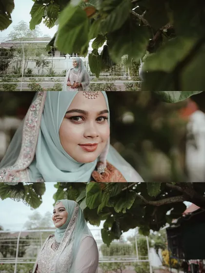 A collage capturing the bride's joyful moments in the garden, from close-up smiles to graceful poses.