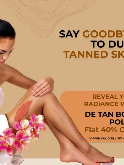 To combat summer tanning, we offered a De-Tan Body Polish treatment at a special discount, designed to exfoliate dull, tanned skin and reveal your natural radiance.