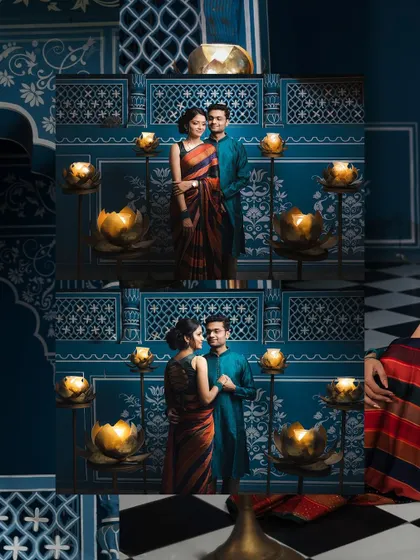 This collage highlights the elegant portraits we can create in a styled indoor setting. The combination of the ornate blue background and warm candlelight provides a stunning, regal backdrop for the couple.