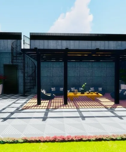A wider view of the Jaipur terrace concept, showing the pergola, a green wall element, and a large open area.