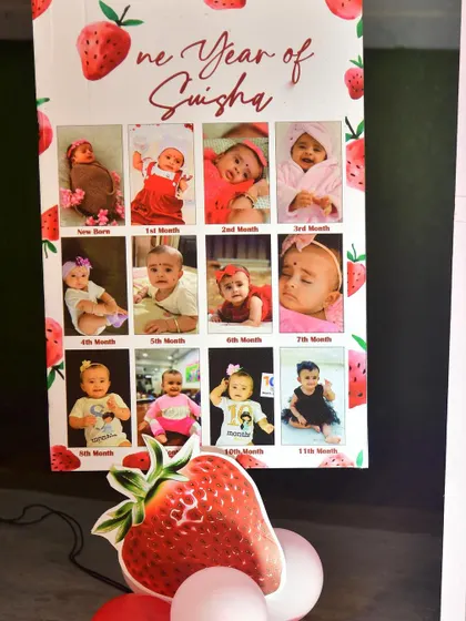 For a "Berry First Birthday," I designed this strawberry-themed milestone board. The board displays photos from the baby's first year, complemented by a large strawberry cutout.