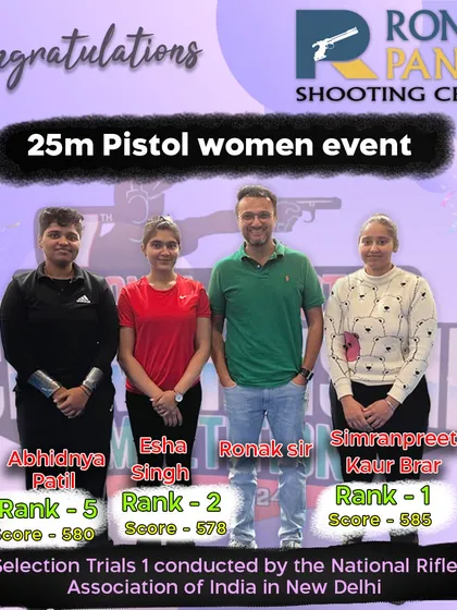 Our shooters excelled in the finals of the NRAI Selection Trials, proving their ability to perform under stress. Simranpreet Kaur and Esha Singh secured Rank 1 and 2, showcasing the effectiveness of our competition-focused training.