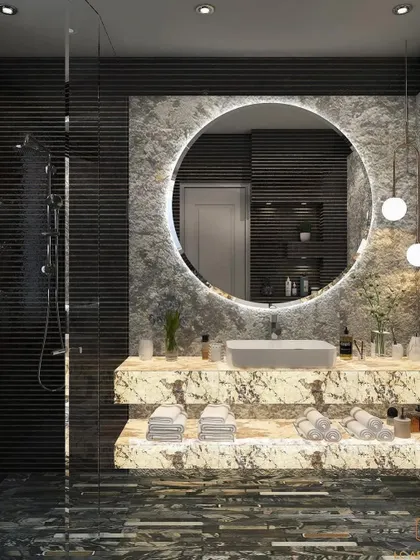 A luxurious bathroom concept using four different types of marble to achieve a stunning look. The design features a floating vanity, a large backlit mirror, and a mix of dark and light stones.