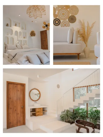This collage showcases the details that make Artha Villa a home. From the tranquil bedroom and minimalist staircase to the cozy living area, every element is chosen to create a sense of peace and connection with nature.