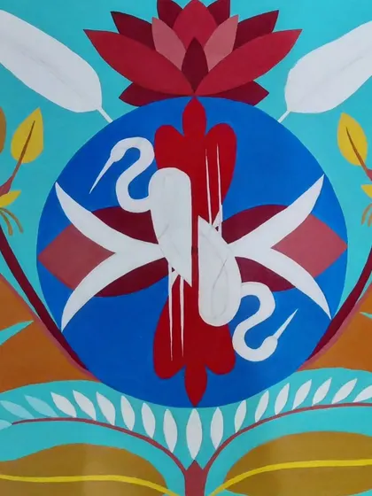 An alternate version or progress shot of the symmetrical crane painting. Here, the crane is painted in white, showing part of the creative process of layering colors and details.