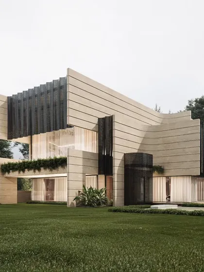 This render highlights our expertise in visualizing bold, minimalist architecture. We focus on the clean lines, the interplay of light and shadow on the stone facade, and the integration of greenery to produce a striking and photorealistic result.