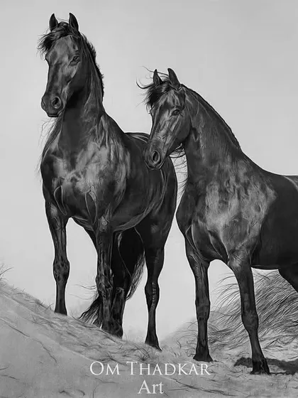 In 'Harmony', I depicted two horses standing peacefully together on a large 5 by 3 foot archival paper. This piece showcases the graceful anatomy and serene bond between the animals, rendered with detailed charcoal strokes.