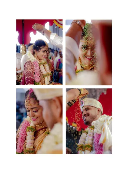 The Akshatai, or showering of blessed rice, is a moment of pure joy and blessings. This collage captures the couple's happy reactions during this beautiful South Indian wedding ritual.
